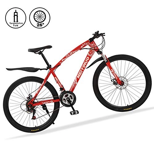 Bicicletas de montaña : Bicicletas de Montaña 26 Pulgadas 21 Speed Mountain Bike de Carbono Acero Suspensión Delantera Vicicletas MTB de Doble Freno de Disco, Rojo, 40 Spokes