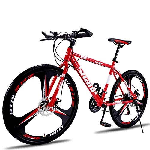 Bicicletas de montaña : Bicicletas de montaña de 26 pulgadas, bicicleta de montaña rgida con freno de doble disco para hombres, asiento ajustable para bicicleta, marco de acero de alto carbono-Rojo 3 radios_21velocidad