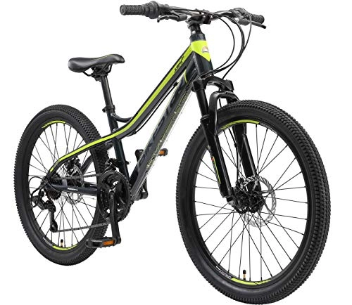 Bicicletas de montaña : BIKESTAR Bicicleta de montaña de Aluminio Bicicleta Juvenil 24 Pulgadas de 10 a 13 años | Cambio Shimano de 21 velocidades, Freno de Disco, Horquilla de suspensión | niños Bicicleta Negro Verde