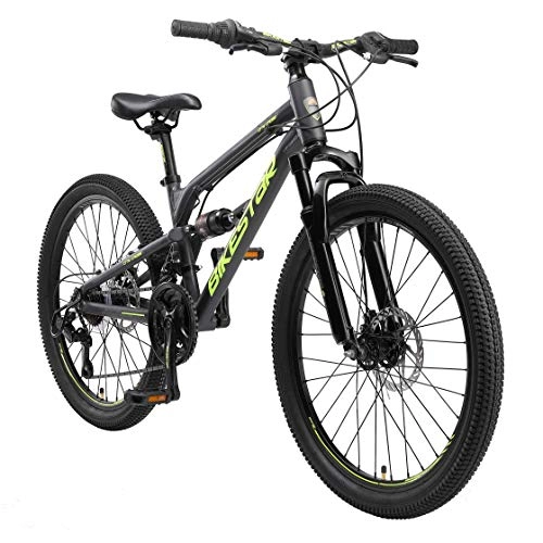 Bicicletas de montaña : BIKESTAR Bicicleta de montaña de Aluminio Suspensión Doble Bicicleta Juvenil 24 Pulgadas de 9 años | Cambio Shimano de 21 velocidades, Freno de Disco | niños Bicicleta | Negro
