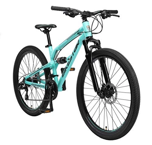 Bicicletas de montaña : BIKESTAR Bicicleta de montaña de Aluminio Suspensión Doble Completa 26 Pulgadas | Cuadro 16" Cambio Shimano de 21 velocidades, Freno de Disco, Fully MTB | Turquesa