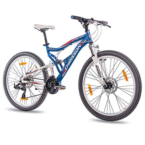 Bicicletas de montaña : CHRISSON 26'Pulgadas de aleacin para bicicleta de montaña bicicleta EMOTER Fully UNISEX con 21Shimano TX552x Disco Azul Mate