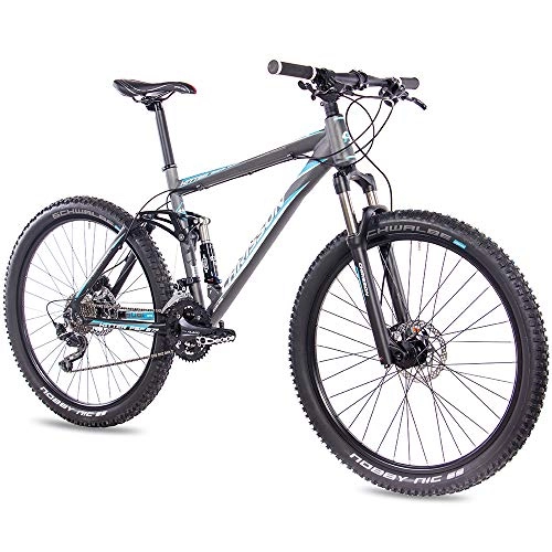 Bicicletas de montaña : CHRISSON Bicicleta de montaña Fully de 27, 5 pulgadas Hitter FSF gris azul Bicicleta de montaña con 30 velocidades Shimano Deore Bicicleta de montaña para hombre y mujer con horquilla Rock Shox