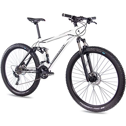 Bicicletas de montaña : CHRISSON Fully Hitter FSF - Bicicleta de montaña (29 pulgadas, suspensión completa, cambio Shimano Deore de 30 velocidades, horquilla Rock Shox), color blanco y negro