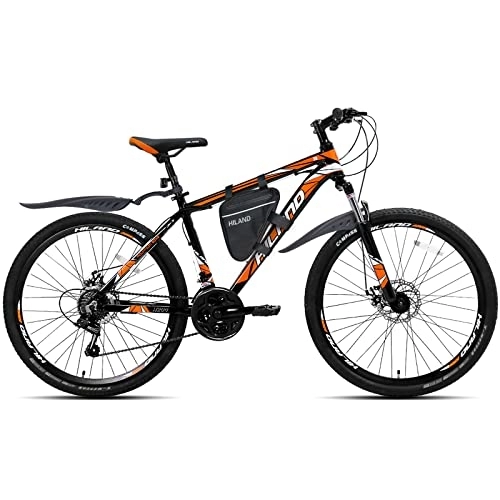 Bicicletas de montaña : Hiland 27, 5 pulgadas Bicicletas de Montaña Rígidas Con Bolsa de Sillín para Hombre y Mujer, Bicicletas Con Freno de Disco Mecánico, Negro y Naranja