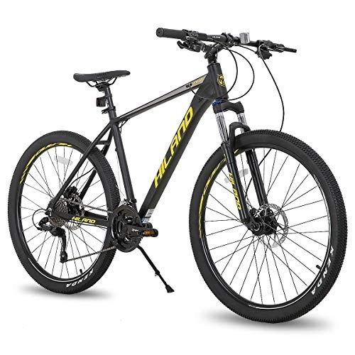 Bicicletas de montaña : Hiland Bicicleta de Montaña 27, 5 Pulgadas 27 Velocidades con Cuadro de Aluminio 457 mm MTB con Freno de Disco Lock-out y Horquilla de Suspensión Bike Negro y Amarillo…