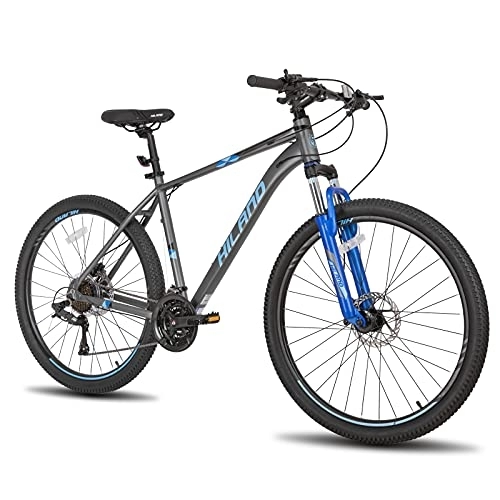Bicicletas de montaña : Hiland Bicicleta de Montaña 27, 5 Pulgadas 27 Velocidades con Cuadro de Aluminio de 495 mm Bici con Freno de Disco Lock-out y Horquilla de Suspensión Bike Gris y Azul…