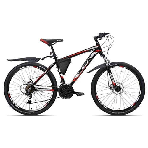 Bicicletas de montaña : Hiland Bicicleta de Montaña 27, 5 Pulgadas con Bolsa de Sillín y Freno de Disco, Bicicleta para Hombre y Mujer con Ruedas de Radios, Negro y Rojo
