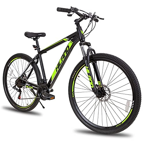 Bicicletas de montaña : Hiland Bicicleta de Montaña 29 Pulgadas con Cambios Shimano 21 Velocidades y Marco de Acero MTB con Freno de Disco y Horquilla de Suspensión y Guardabarros Bike Negro y Verde…