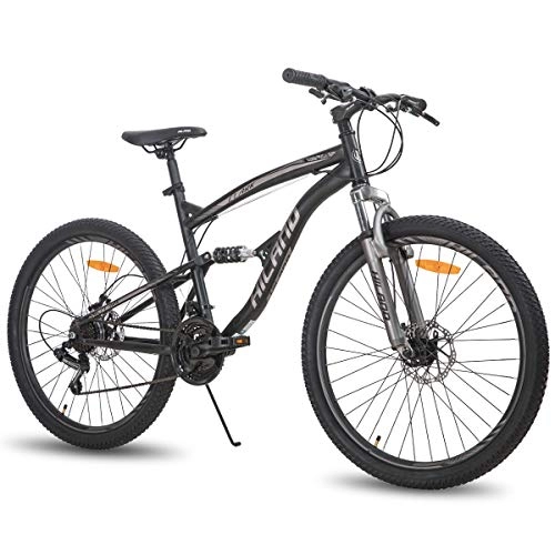 Bicicletas de montaña : Hiland Bicicleta de montaña con Ruedas 26 Pulgadas de Doble suspensión, 21 velocidades, Marco de 18 Pulgadas, Color Negro…