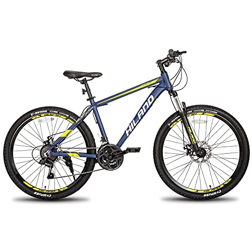 Bicicletas de montaña : HILAND Bicicleta de montaña con Ruedas de radios de 26 Pulgadas, Marco de Aluminio, 21 Marchas, Freno de Disco, Horquilla de suspensión, Color Azul…