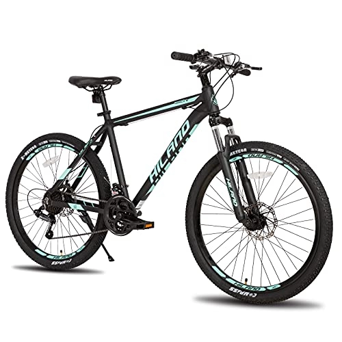 Bicicletas de montaña : HILAND Bicicleta de montaña con Ruedas de radios de 26 Pulgadas, Marco de Aluminio, 21 Marchas, Freno de Disco, Horquilla de suspensión, Color Negro…