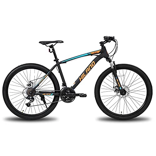 Bicicletas de montaña : Hiland Bicicleta de montaña de 26 / 27, 5 pulgadas, con cuadro de acero, freno de disco, horquilla de suspensión, negro / naranja
