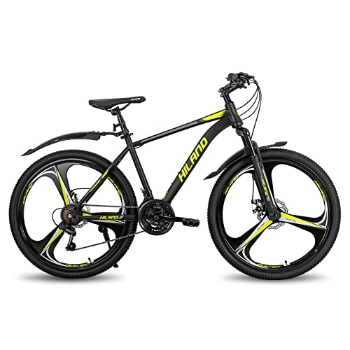Bicicletas de montaña : Hiland - Bicicleta de montaña de 26 / 27, 5 pulgadas, con marco de acero, freno de disco, horquilla de suspensión, bicicleta urbana, color negro y amarillo