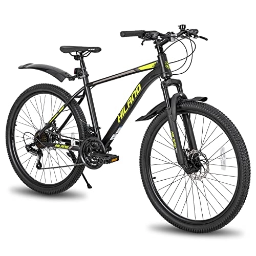 Bicicletas de montaña : HILAND Bicicleta de Montaña de 26 Pulgadas 21 Velocidades con Cuadro de Acero, Freno de Disco y Horquilla de Suspensión, Bicicleta Urbana, Color Negro y Amarillo