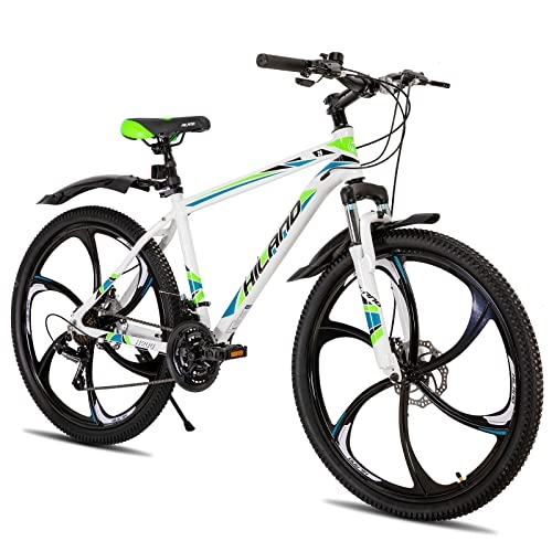 Bicicletas de montaña : Hiland Bicicleta de Montaña de 26 Pulgadas con Marco de Aluminio de 17 Pulgadas, Blanco, Freno de Disco Horquilla de Suspensión 6 Ruedas de Radio, Bicicleta para Juventud Hombre y Mujer