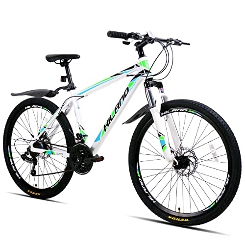 Bicicletas de montaña : Hiland - Bicicleta de montaña de 26 pulgadas con marco de aluminio de 17 pulgadas, freno de disco, horquilla de suspensión, ruedas de radio, bicicleta juvenil, para mujer, una pieza, color blanco
