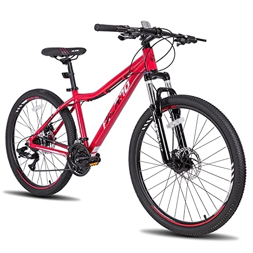 Bicicletas de montaña : HILAND Bicicleta de montaña de 26 pulgadas con marco de aluminio de 406 mm, 21 marchas, freno de disco doble, horquilla de suspensión, para mujeres y niñas, color rojo