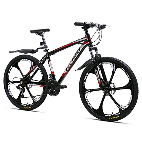 Bicicletas de montaña : Hiland Bicicleta de Montaña de 26 Pulgadas con Marco de Aluminio MTB con Freno de Disco y Horquilla de Suspensión Bike 6 Ruedas de Radios Bicicleta para Juvenil y Adulto Negro y Rojo…