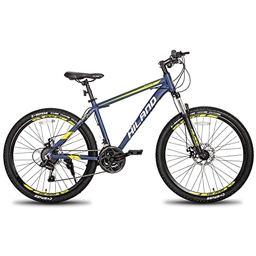 Bicicletas de montaña : Hiland Bicicleta de Montaña de 26 Pulgadas con Ruedas de Radios Bicicletta 21 Velocidades con Freno de Disco y Horquilla de Suspensión Bike Azul Cuadro de 482mm…