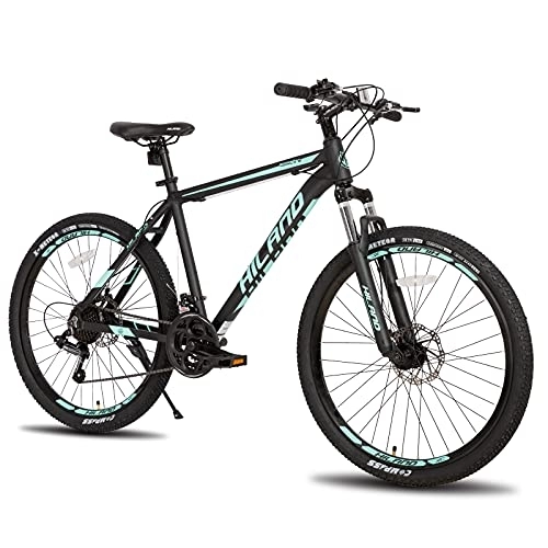 Bicicletas de montaña : Hiland - Bicicleta de montaña de 26 pulgadas con ruedas de radios de 482 mm, marco de aluminio, 21 marchas, freno de disco, horquilla de suspensión, color negro