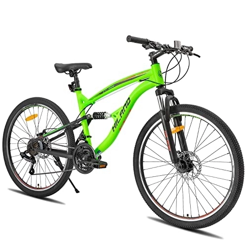 Bicicletas de montaña : Hiland - Bicicleta de montaña de 26 pulgadas con suspensión completa de doble suspensión para niños y niñas, para hombre y mujer, color verde