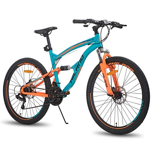 Bicicletas de montaña : Hiland Bicicleta de montaña de 26 pulgadas, doble suspensión, 21 velocidades, para hombre, 18 pulgadas, multifunción, azul y naranja
