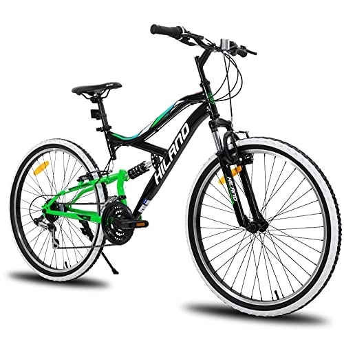 Bicicletas de montaña : Hiland Bicicleta de montaña de 26 pulgadas, Shimano de 18 velocidades, suspensión completa con horquilla de suspensión, suspensión completa, bicicleta juvenil para hombre, bicicleta urbana, color