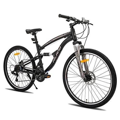 Bicicletas de montaña : Hiland - Bicicleta de montaña de 26 pulgadas, suspensión completa, doble suspensión, Shimano 21, bicicleta de montaña para hombres, jóvenes y estudiantes, marco de acero de 457 mm, color negro