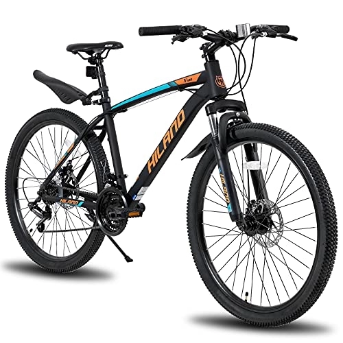 Bicicletas de montaña : HILAND Bicicleta de Montaña de 27, 5 Pulgadas 21 Velocidades con Cuadro de Acero, Freno de Disco y Horquilla de Suspensión, Bicicleta Urbana, Color Negro y Naranja