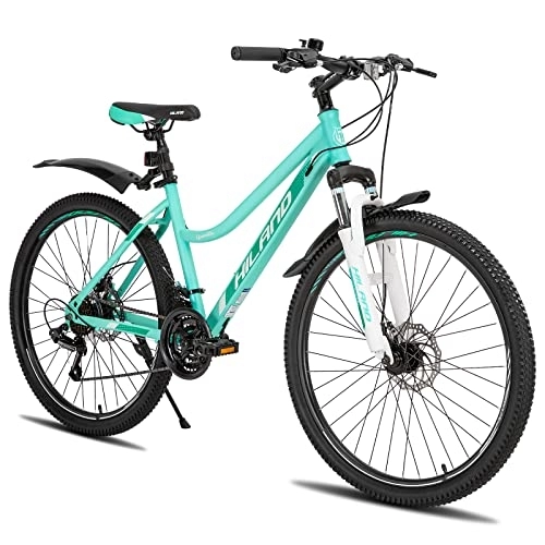 Bicicletas de montaña : HILAND Bicicleta de Montaña MTB Bicicleta 26 Pulgadas para Mujer y Niña 21 Marchas con Suspensión Delantera Marco de Acero Freno de Disco Guardabarros Verde Menta / Rosa…