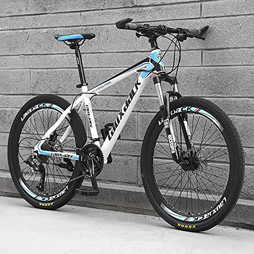 Bicicletas de montaña : KUKU Bicicleta De Montaña con Suspensión Completa 27 Velocidades, Bicicleta De Montaña para Hombres De 26 Pulgadas, Bicicleta De Montaña De Acero con Alto Contenido De Carbono, White and Blue