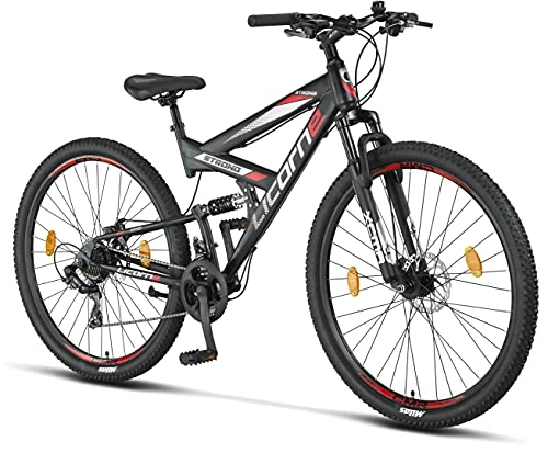 Bicicletas de montaña : Licorne Bike Bicicleta de montaña Strong 2D, para niños, niñas, mujeres y hombres, freno de disco delantero y trasero, 21 velocidades, suspensión completa, negro / rojo, 29 pulgadas