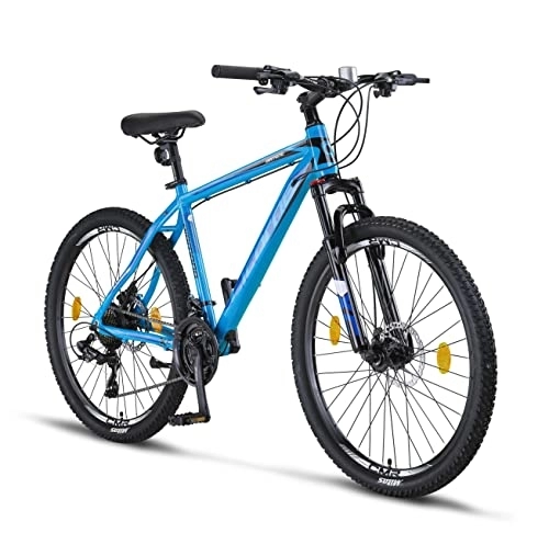 Bicicletas de montaña : Licorne Bike Diamond Premium - Bicicleta de montaña de aluminio, para niños, niñas, hombres y mujeres, 21 velocidades, freno de disco para hombre, horquilla delantera ajustable (26, azul)