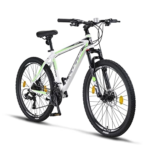Bicicletas de montaña : Licorne Bike Diamond Premium - Bicicleta de montaña de aluminio, para niños, niñas, hombres y mujeres, 21 velocidades, freno de disco para hombre, horquilla delantera ajustable (26, blanco)