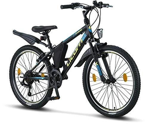 Bicicletas de montaña : Licorne Bike Guide Bicicleta de montaña de 24 Pulgadas, Cambio de 21 velocidades, suspensión de Horquilla, Bicicleta Infantil, para Hombre y Mujer, Bolsa para Cuadro, Negro / Azul / Verde Lima