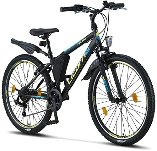 Bicicletas de montaña : Licorne Bike Guide Bicicleta de montaña de 26 pulgadas, cambio Shimano de 21 velocidades, suspensión de horquilla, bicicleta para niños y niñas, bolsa para cuadro, negro / azul / verde lima