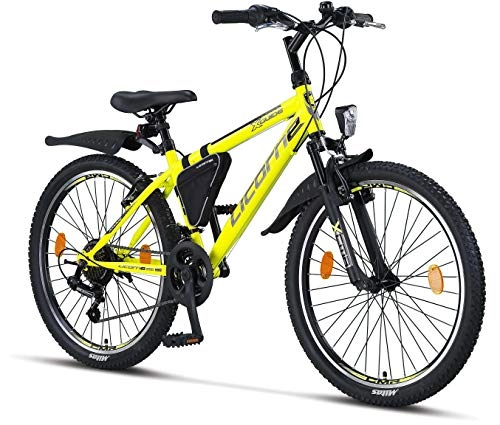 Bicicletas de montaña : Licorne Bike Premium - Bicicleta de montaña para niña, niño, hombre y mujer, cambios Shimano de 21 velocidades, Unisex adulto, amarillo / negro, 24