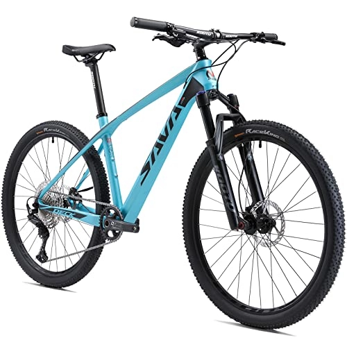 Bicicletas de montaña : SAVADECK Flamme1.0 Bicicleta de montaña de carbono 27, 5 " / 29" Cuadro de fibra de carbono Bicicleta de montaña rígida Ultraligero XC MTB con grupo Shimano Deore M6100 de 12 velocidades (Azul, 29*17'')