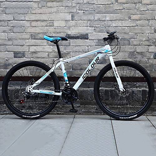 Bicicletas de montaña : WSZGR Bicicleta De Suspensión con Ajustable Espuma De Memoria Asiento, Hombres's Bicicleta De Montaña, Alto-Acero Al Carbono Rígida Bicicleta De Suspensión Blanco Y Azul 24", 24-Velocidad