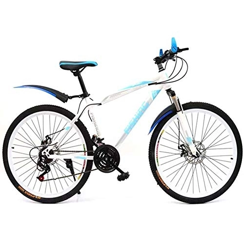 Bicicletas de montaña : YANGSANJIN Bicicletas de montaña, 21 velocidades de doble disco de freno, guardabarros delantero + trasero, acero de alto carbono, apto para viajes, 24 pulgadas, blanco / azul