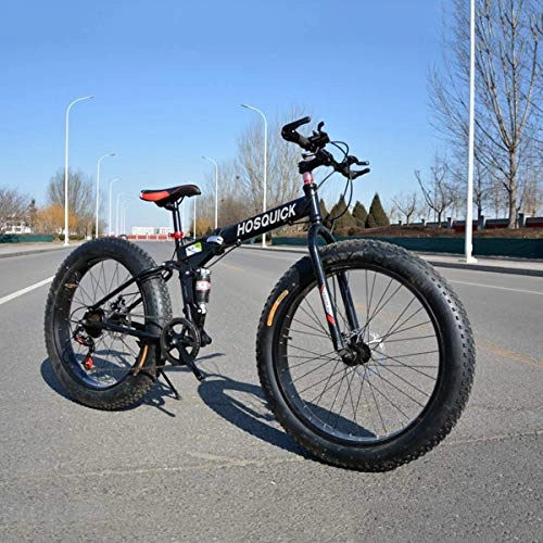 Electric Mountain Bike : 26" Folding Mountain Bike, 7 / 21 / 24 / 27 / 30 Speed Dual Suspension 4.0 Inch Wide Tire Bicycle Can Cycling On Snow, Mountains, Roads, Beaches, Etc, Black, 7speed