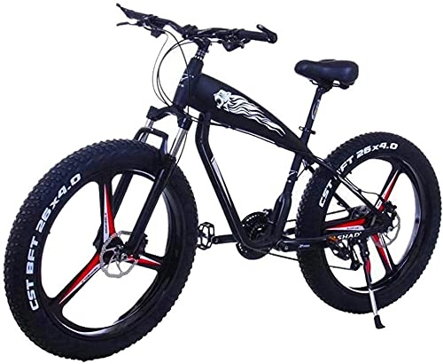 Electric Mountain Bike : 26 Inch 21 / 24 / 27 Speed Electric Mountain Bikes With 4.0" Fat Snow Bicycles Dual Disc Brakes Brakes Beach Cruiser Mens Sports E-bikes (Color : 10Ah, Size : Black-A)