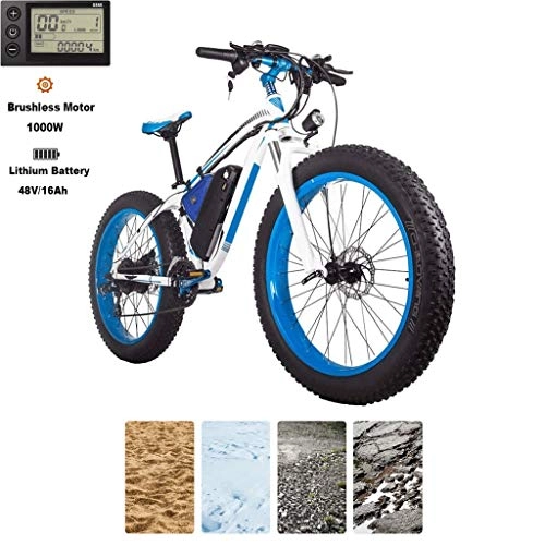 Electric Mountain Bike : 26-inch Fat Tire Electric Bike 1000W 48V 16Ah Lithium Battery Full Suspension 4.0 Wide Tires Hydraulic Disc Brake Shimano 21-speed Mountain Adult Electric Bicycle eBike (Color : White blue)