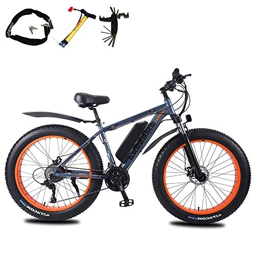 Electric Mountain Bike : 26 Inch Fat Tire Electric Bike, 350 W Mountain Electric Bicycle with LED Headlights and Removable Lithium Battery 27 Speed Adjustable Disc Brake (Color : Gray, Size : 8Ah)
