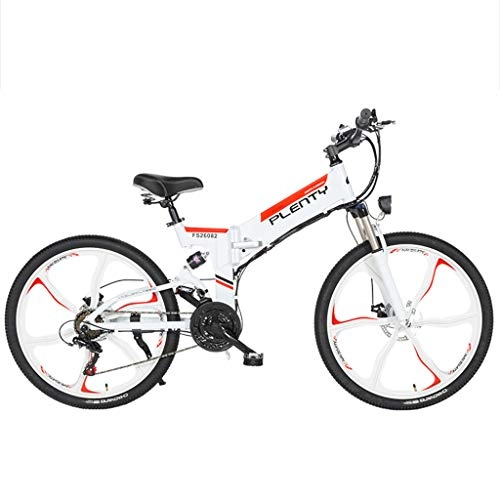 Electric Mountain Bike : 26 Inch Folding E-bikewith 48V Removable Lithium Battery Chargingsmart Electric bicycleE-bikePremium Full Suspension and Shimano 21 Speed GearCommuter Bike, White five knife wheel-48V12.8ah