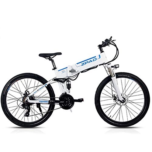 Electric Mountain Bike : 26-inch folding electric bicycle, smart electric bicycle, mountain bike bicycle, 48V15ah, 350W, double suspension and 21-speed Shimano (removable lithium battery), White vintage wheel-26 inches