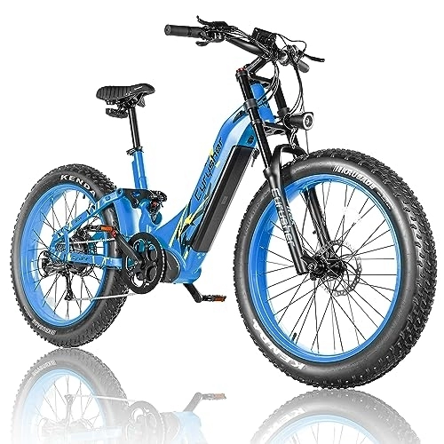 Electric Mountain Bike : 26inch Aluminum Frame Electric Bike For Adults, Trax Mountain Ebike 250W 52V 20Ah 1040wh, 4" All-Terrain Fat Tire, Shimano 9-Speed Rear, Full Air Suspension, (Blue)