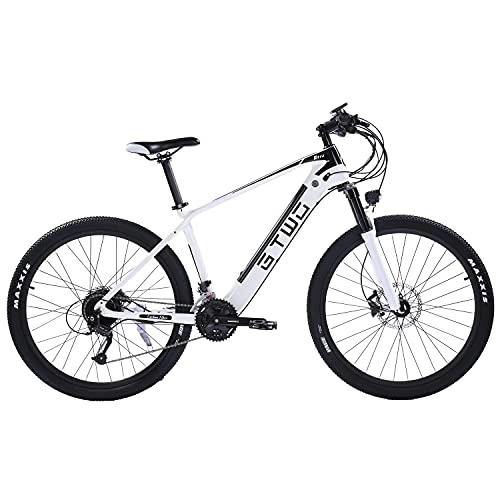 Electric Mountain Bike : 27.5 Inch Electric Carbon Fiber Bike, Pneumatic Shock Absorber Front Fork, 27 Speed Mountain Bicycle (Black White, 9.6Ah)