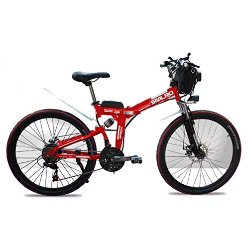 Electric Mountain Bike : 48V Electric Mountain Bike, 26 Inch Folding E-bike with 4.0" Fat Tyres Spoke Wheels, Premium Full Suspension, Red